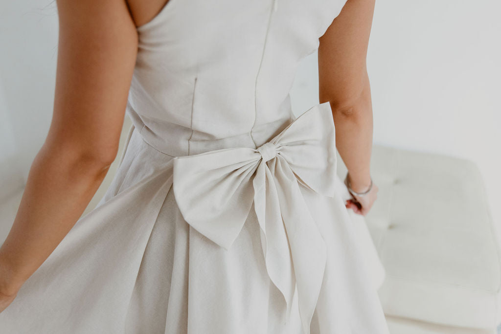 Cocktail, party, bridesmaids, kitchen tea dress, with full circle skirt and bow