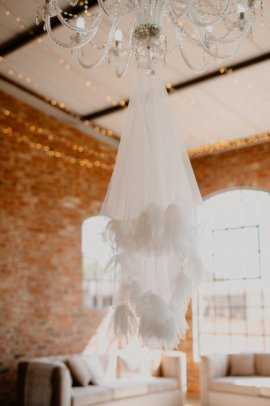 blossom trim veil, short, white tulle blossoms