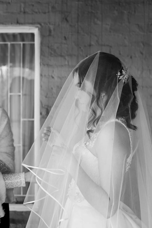 Satin trim veil, black and white photo